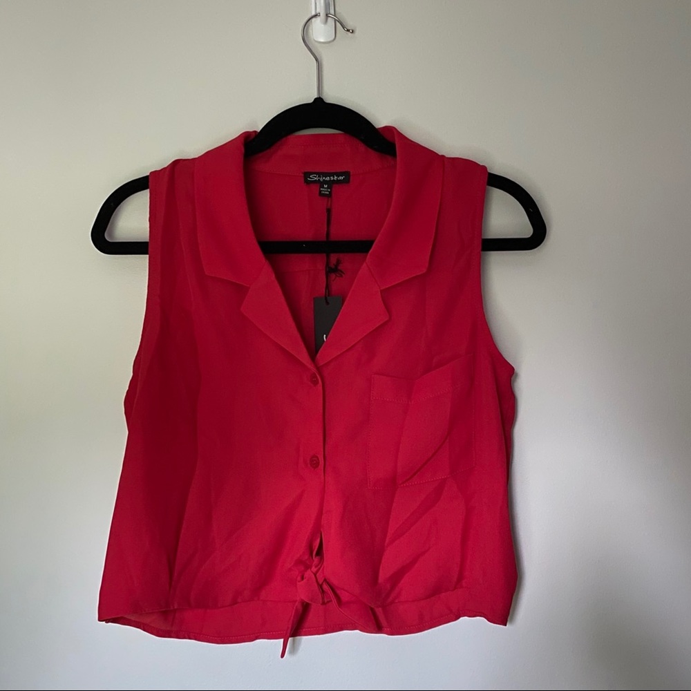Red Crop Top Burgundy Button Up Tie with Collar